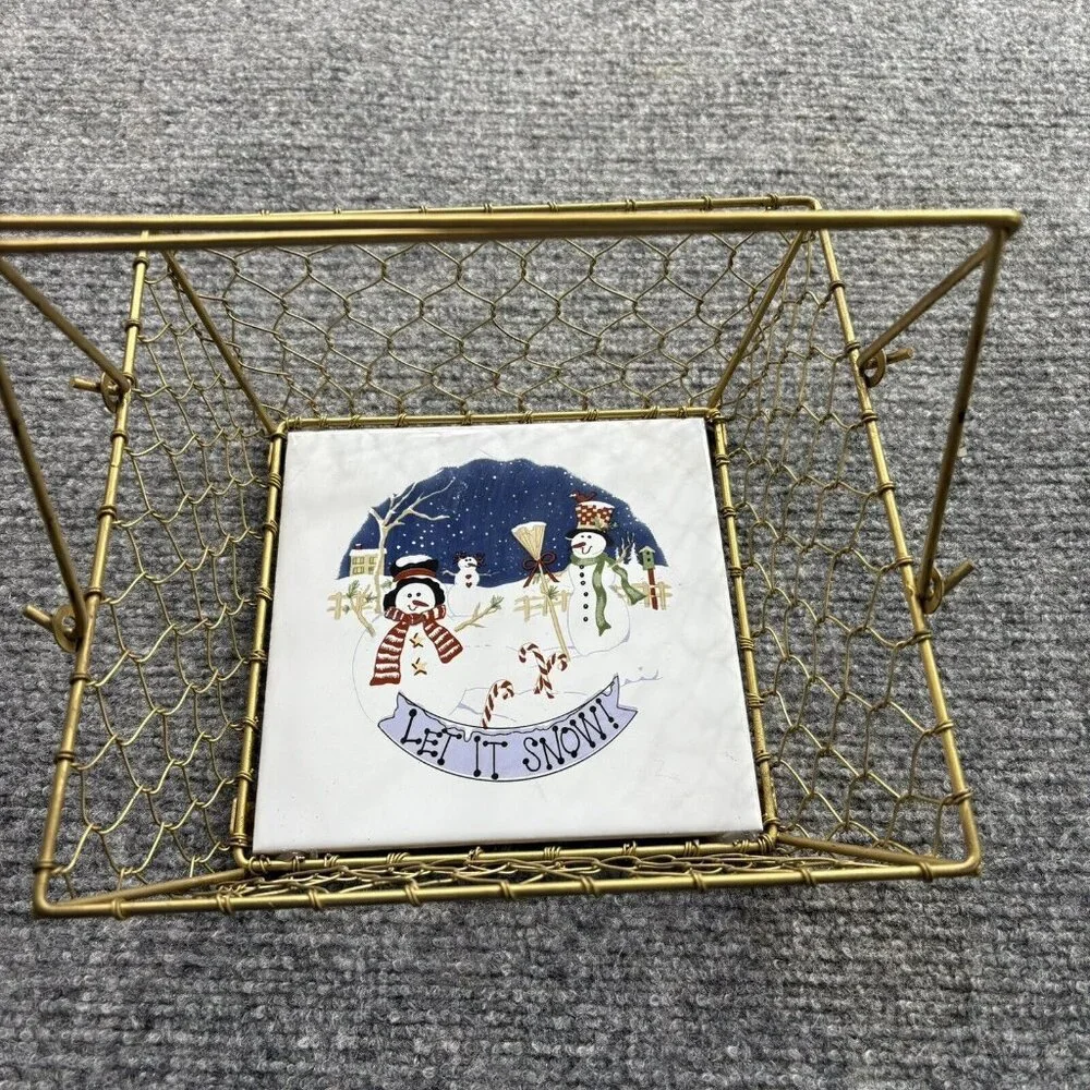 Christmas Basket Gold Wire Snowmen Bottom Tile Let It Snow Holiday Y2K Farmhouse